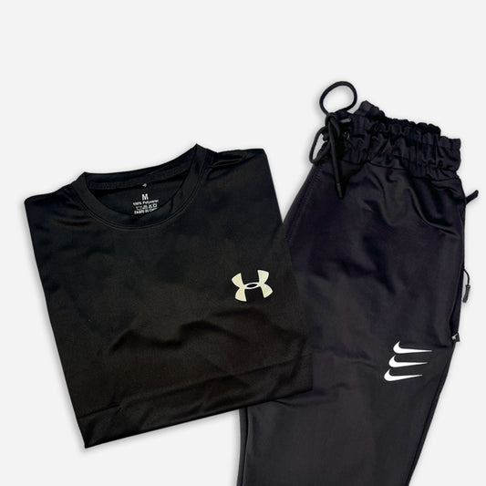 pakced black round neck t shirt with under armor logo and black trouser with zipper pockets having nike logo on it.