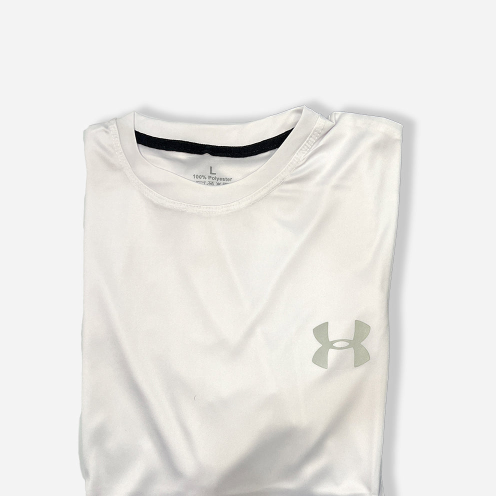 packed white round neck t shirt with under armor logo on it