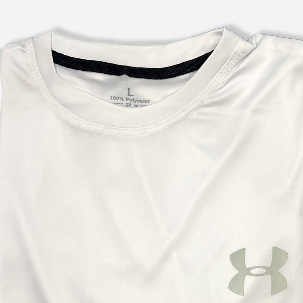 closeup of white round neck t shirt with under armor logo on it