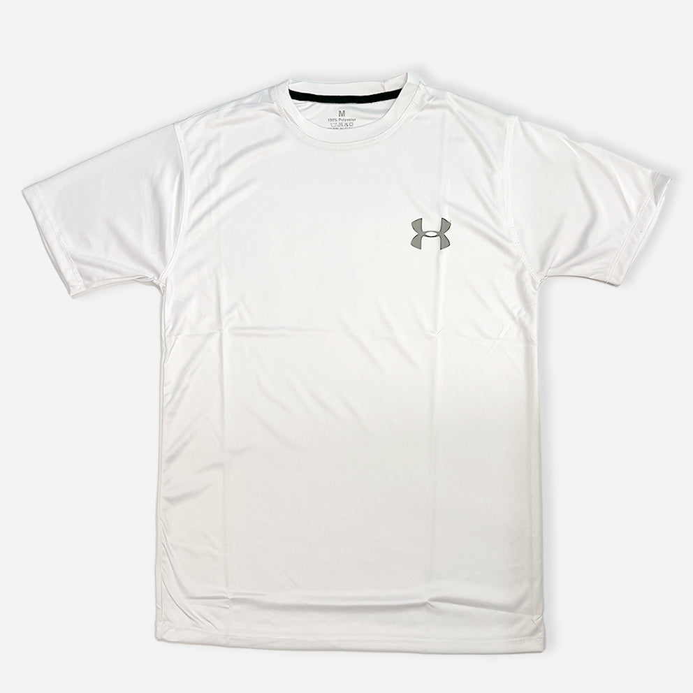 white round neck t shirt with under armor logo on it