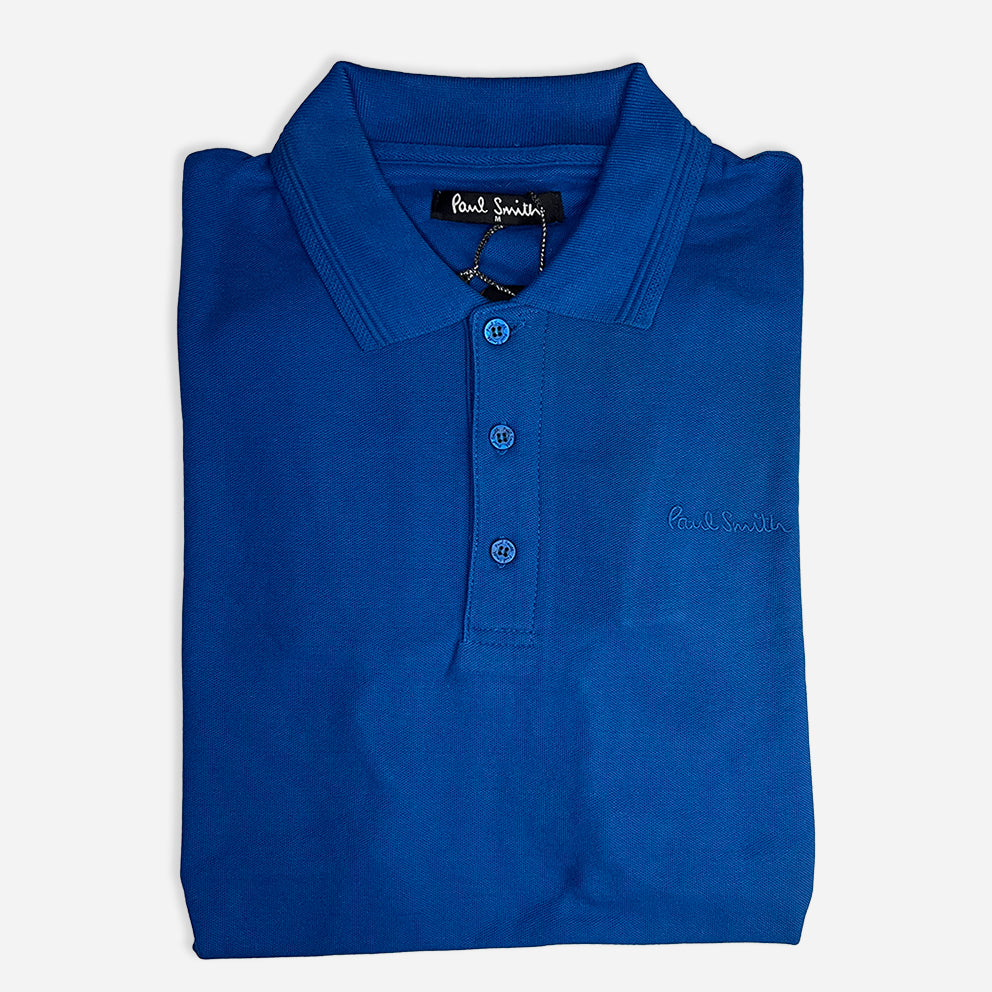 a folded deep blue color premium quality polo shirt with three front buttons