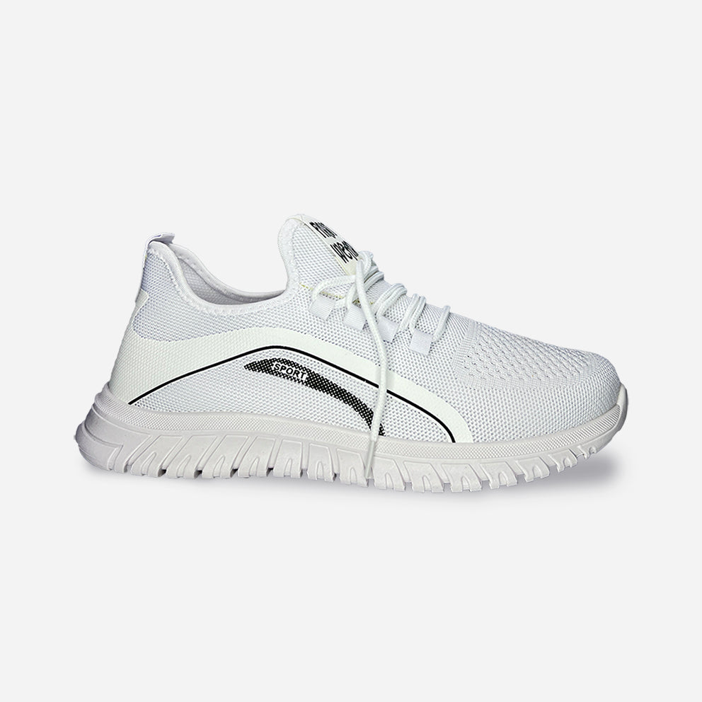 side view of  white sneaker made of breathable mesh material and matching flexible rubber sole with laces