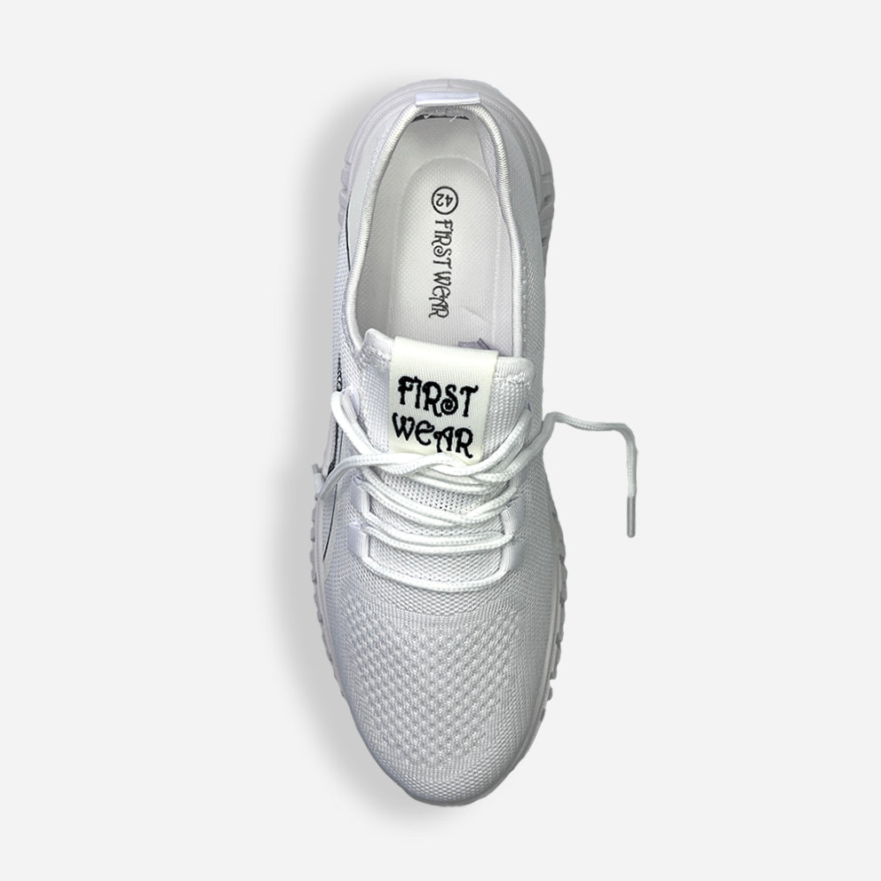 top view of  white sneaker made of breathable mesh material and matching flexible rubber sole with laces