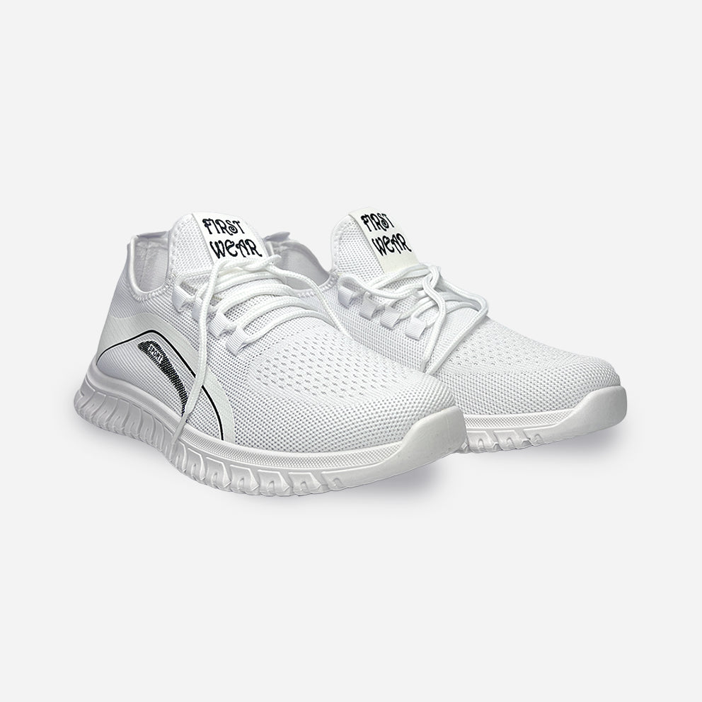 a pair of white sneaker made of breathable mesh material and flexible rubber sole with laces